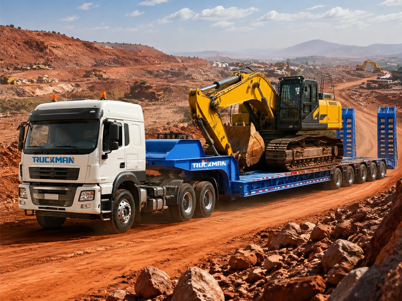 Low-bed semi-trailer carrying an excavator