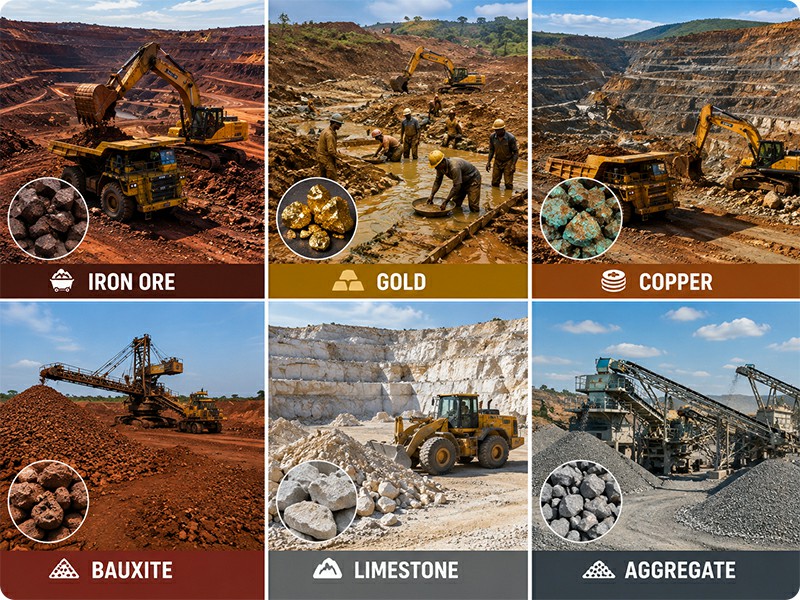 Iron Ore, Gold Ore, Copper Ore, Bauxite, Limestone, Rock Aggregates